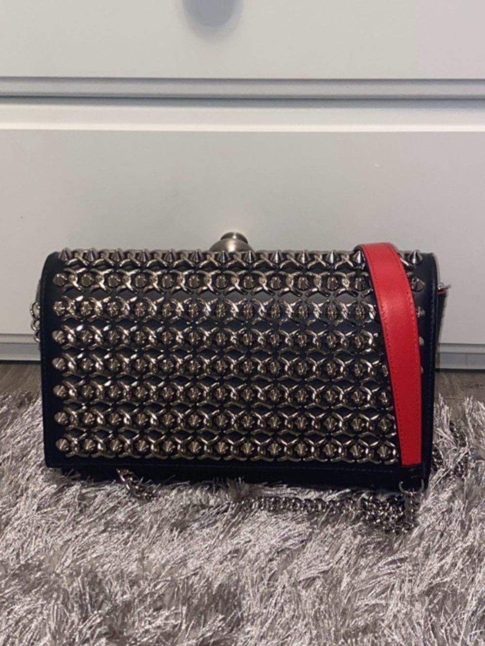 Christian Louboutin Black Studded Crossbody with Red Strap